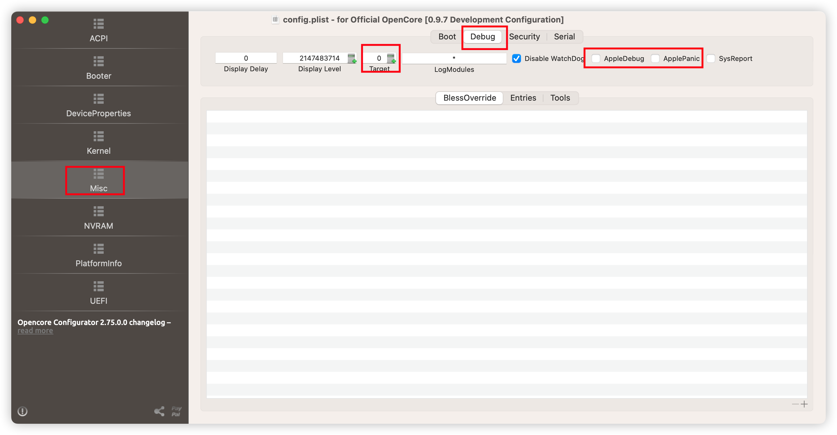 OpenCore disable debug